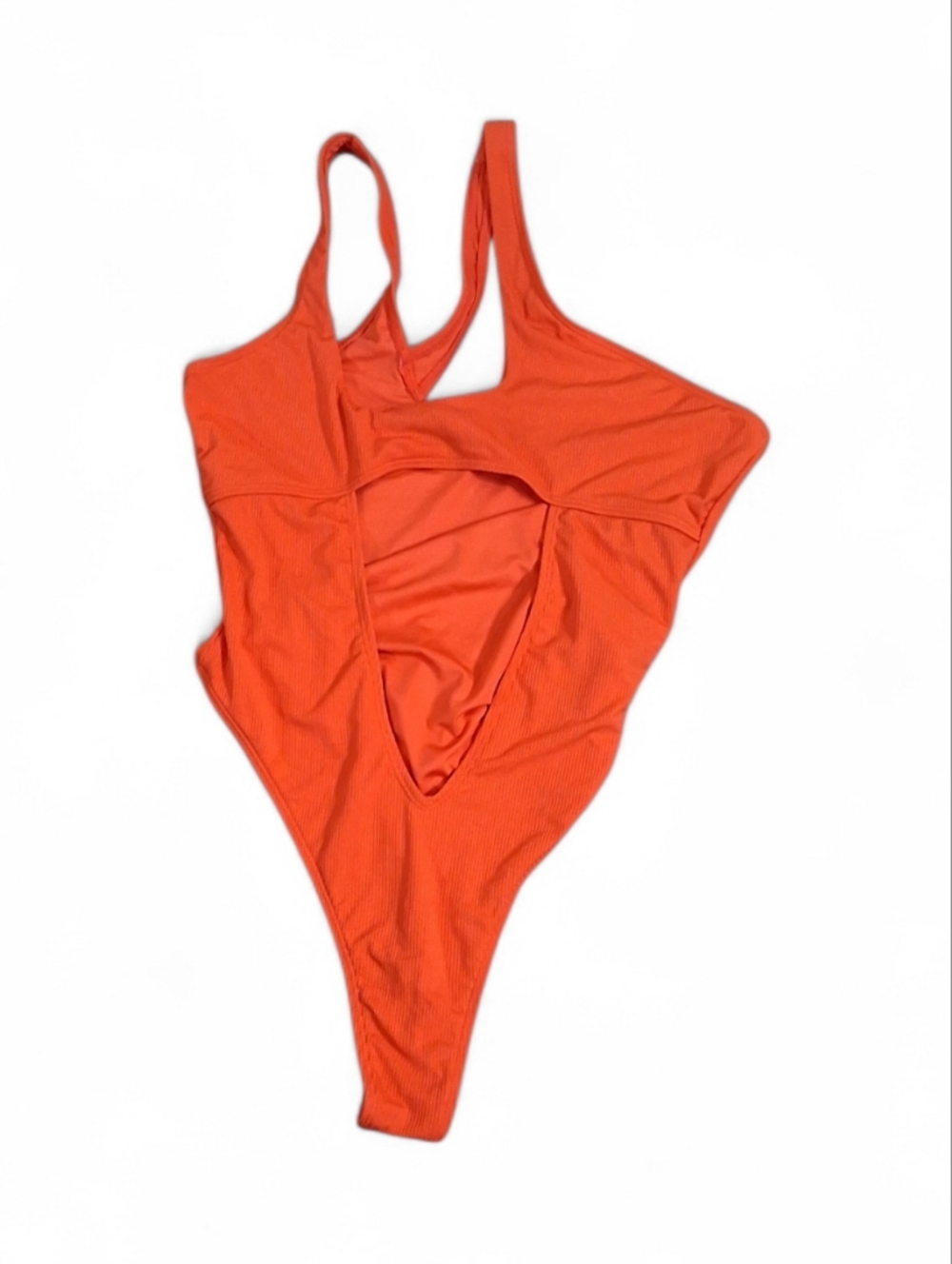 Icon Swim Orange Ribbed Cutout Women's One-Piece High-Cut Thong Swimsuit Size L